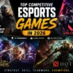 Top competitive esports games in 2026 featuring Counter-Strike 2, VALORANT, League of Legends and Dota 2