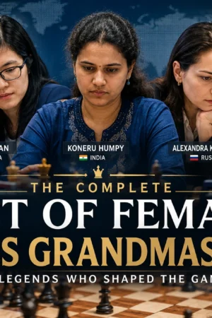 Top female chess grandmasters including Judit Polgár, Hou Yifan, and Koneru Humpy competing in international chess tournaments.